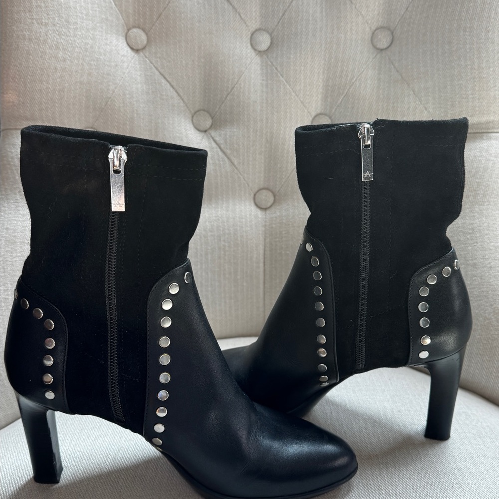 Aquatalia Black Leather & Suede Studded Ankle Boots